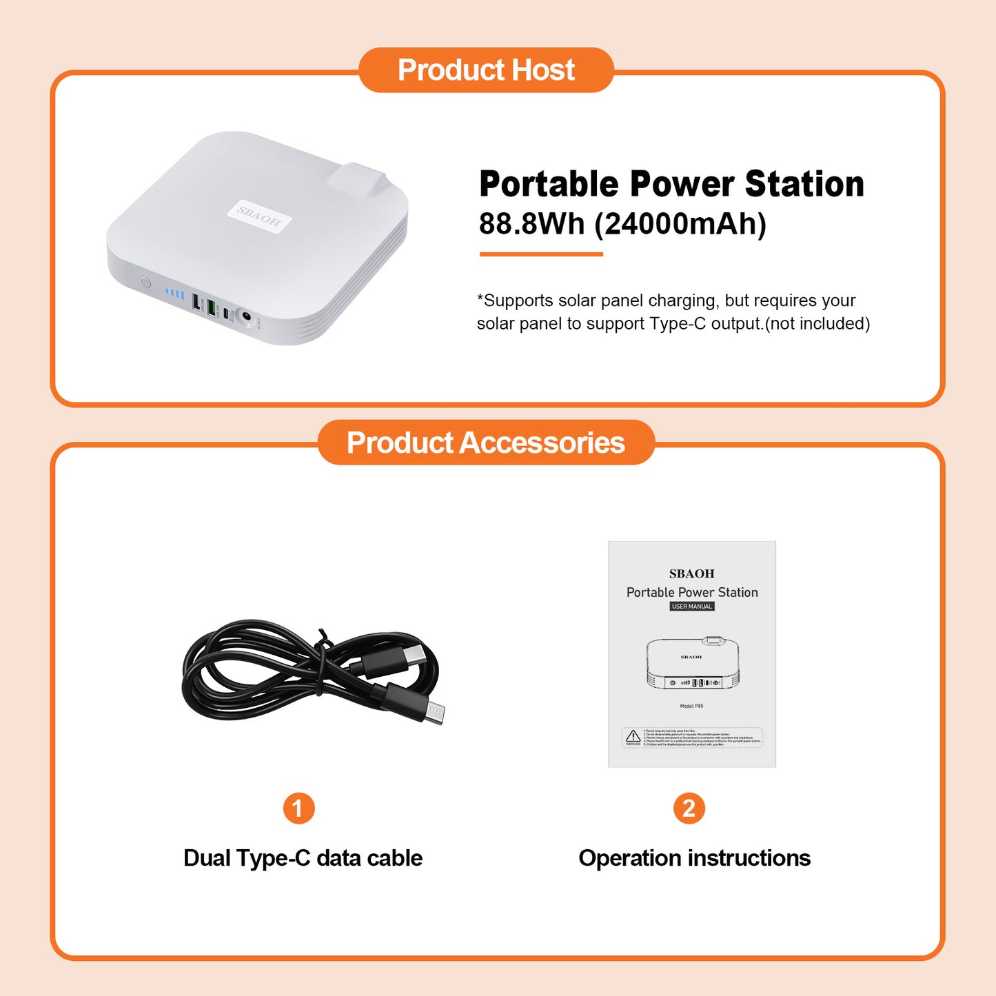 Portable Power Station,100W 88.8Wh 24000mAh Powerbank Portable Emergency Backup Power Supply ,No Solar Panel